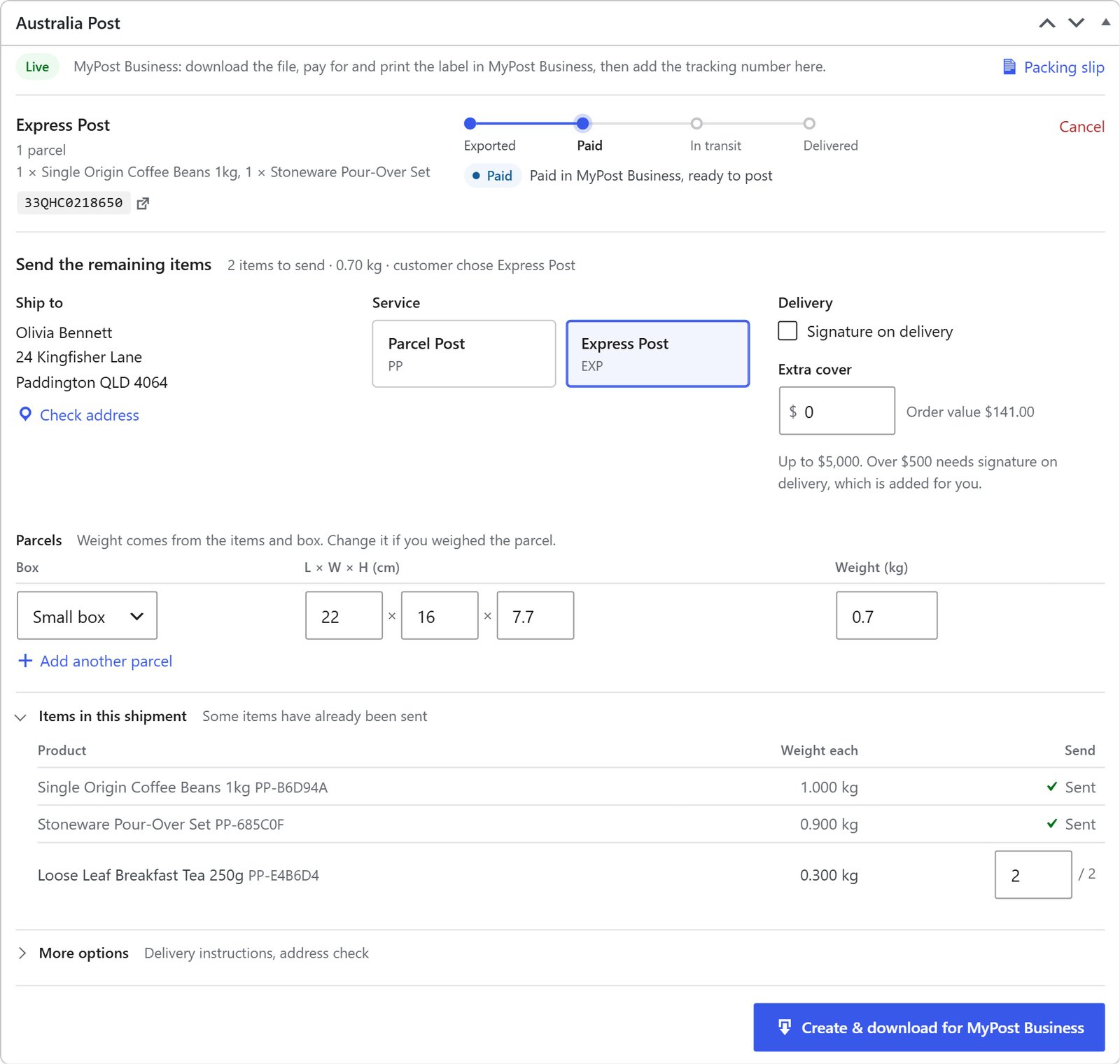 The Australia Post panel on a WooCommerce order: Express Post, paid in MyPost Business, with the remaining items ready to send